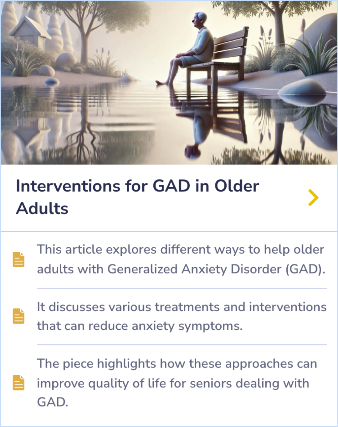 A summary card on interventions for reducing anxiety symptoms and improving life quality in seniors with Generalized Anxiety Disorder.