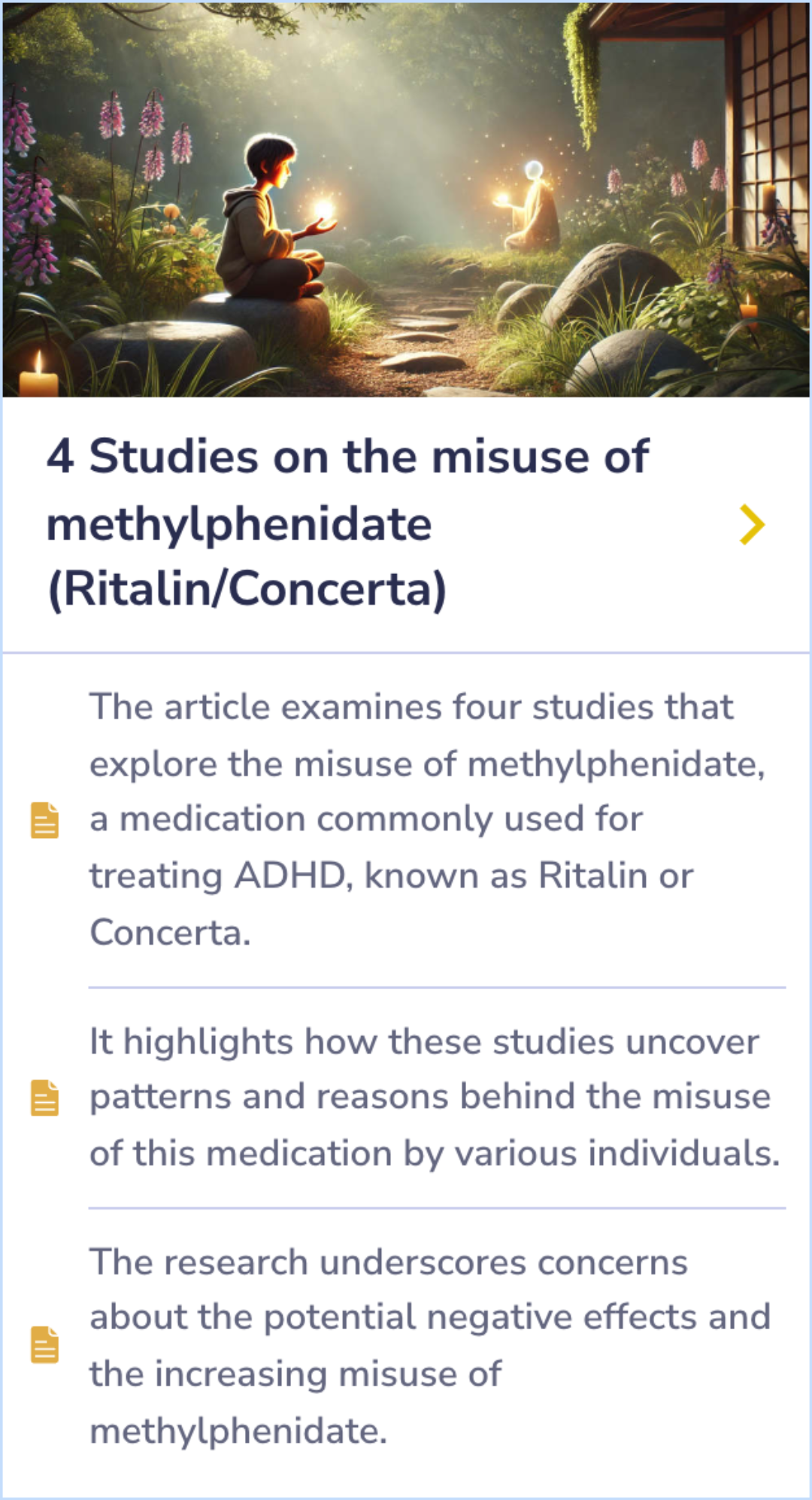 Summary card discussing the patterns, motivations, and negative outcomes related to the misuse of methylphenidate, an ADHD medication.