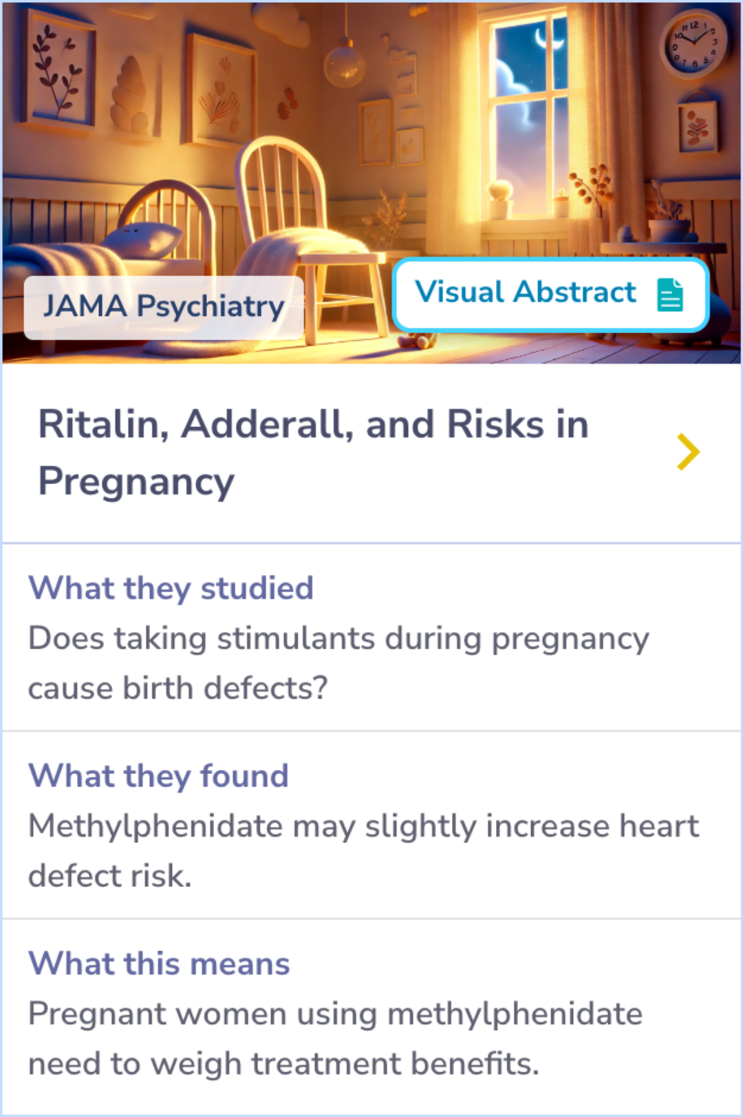 Summary card showing a study that examines the risk of congenital cardiac malformations associated with stimulant use during pregnancy. Focused on methylphenidate and amphetamines exposure, contrasting their impacts.