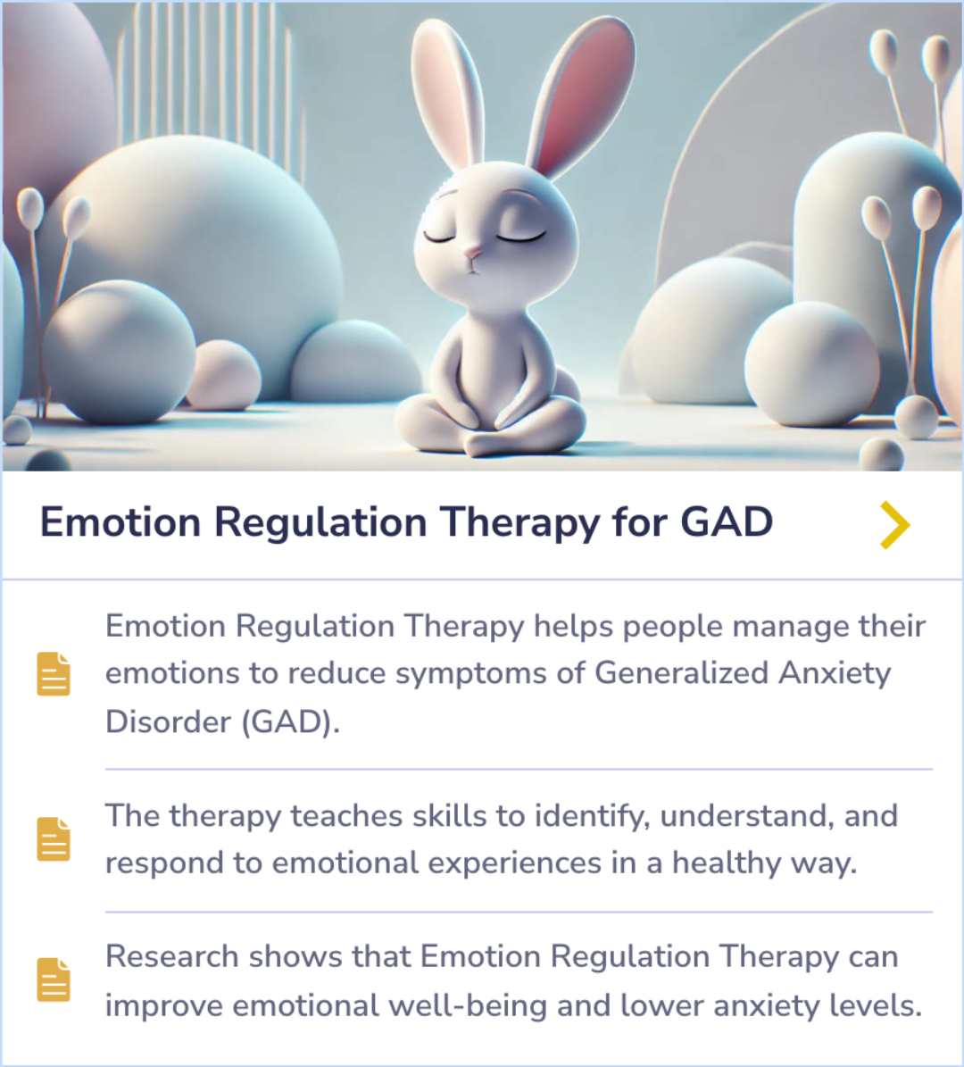 A summary card describing Emotion Regulation Therapy's benefits in managing emotions and reducing anxiety symptoms, with research-backed evidence on its effectiveness.