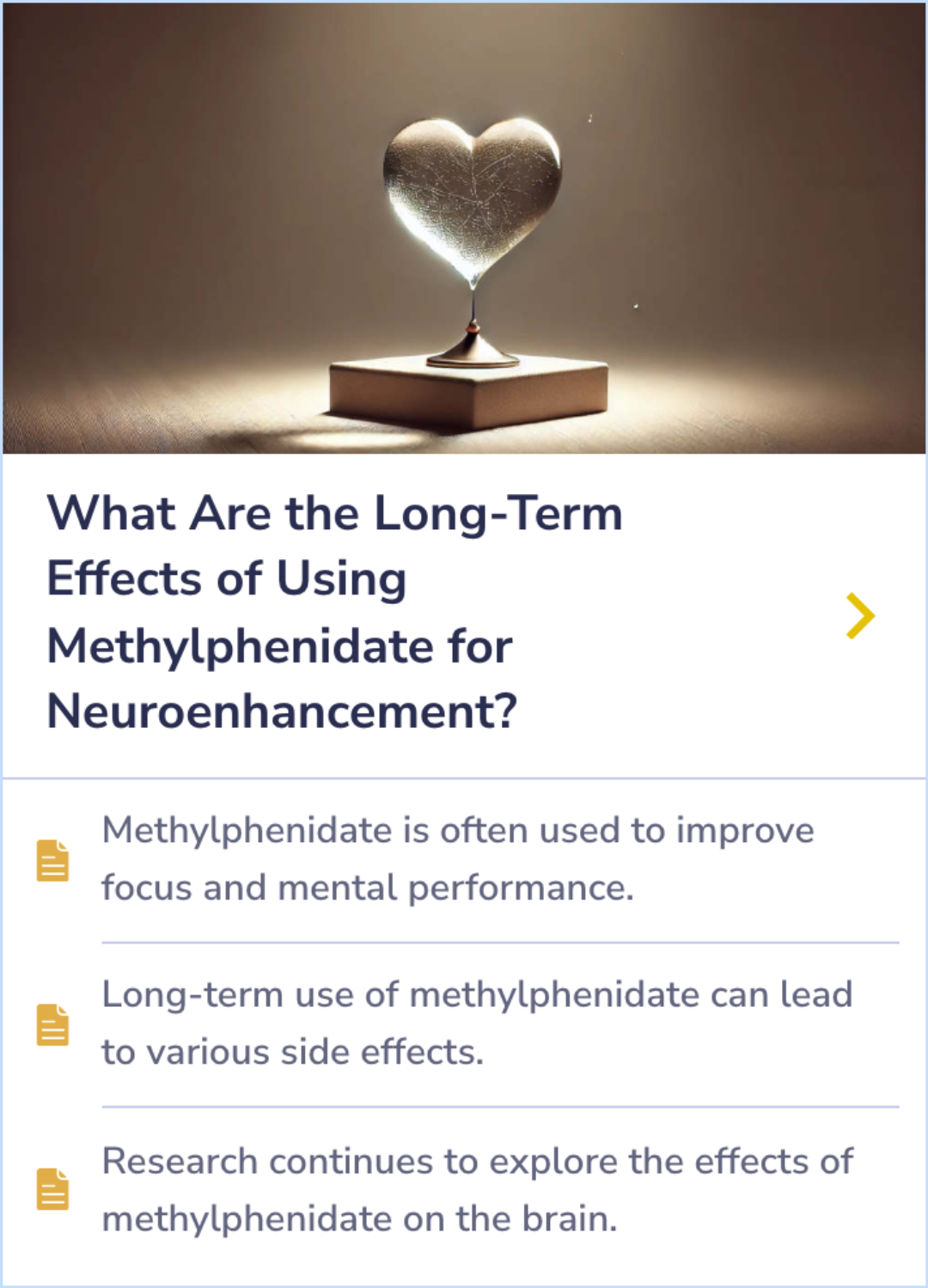 Summary Card outlining the potential side effects of long-term methylphenidate use and ongoing studies examining its impact on brain health and function.