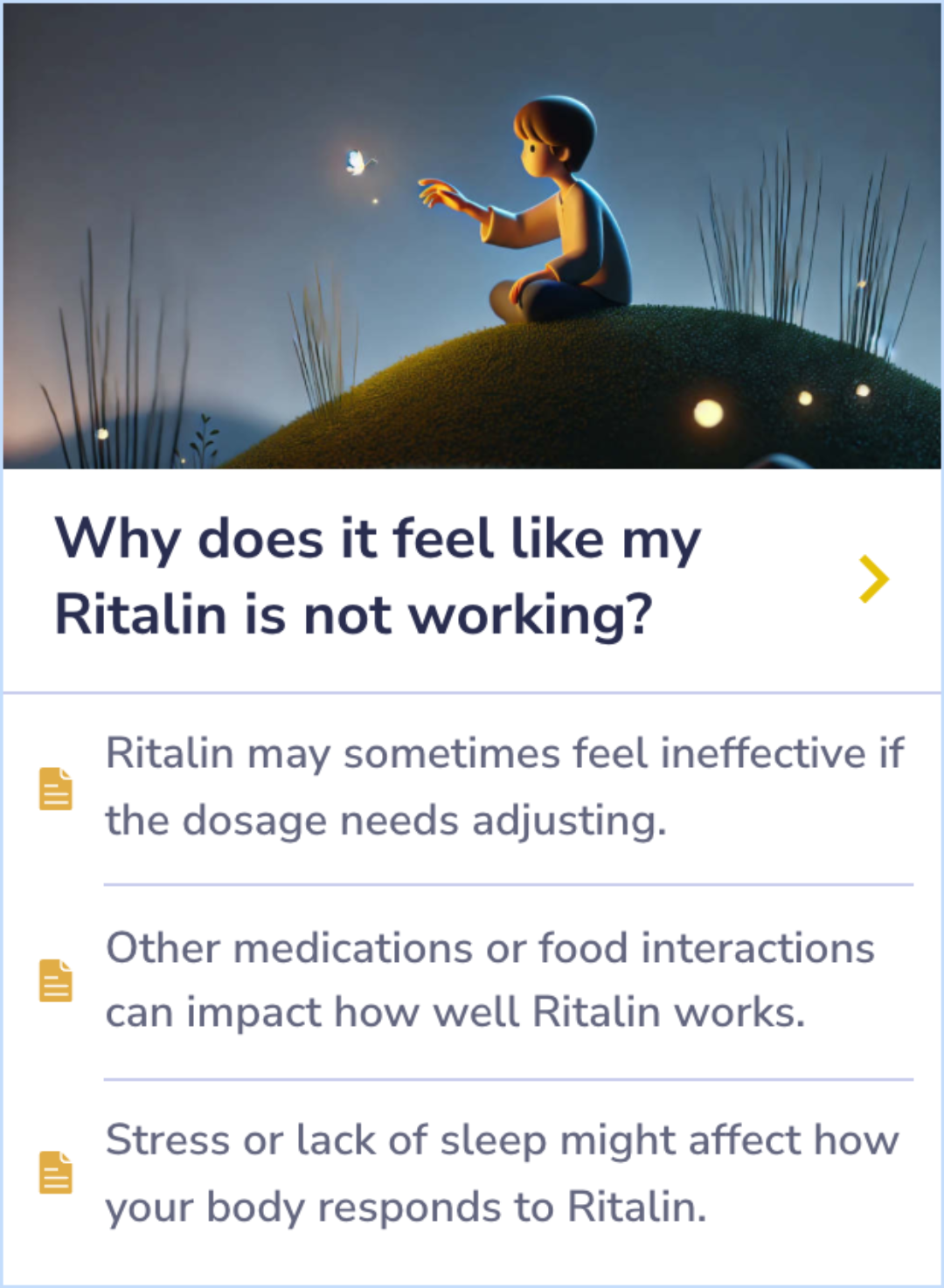 Summary Card highlighting factors affecting Ritalin's effectiveness, including dosage, drug and food interactions, and external factors like stress and sleep.