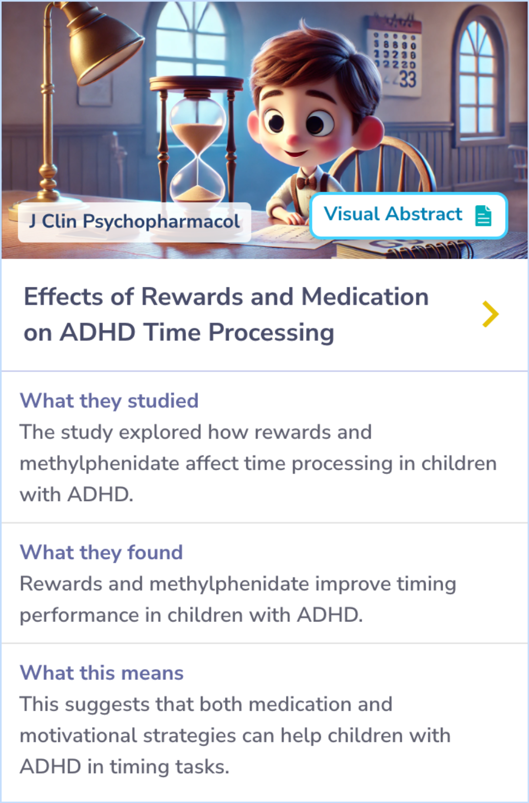 Summary card detailing how reward, response cost, and methylphenidate impact time production accuracy and variability in children with ADHD, highlighting improvements and unexpected findings.