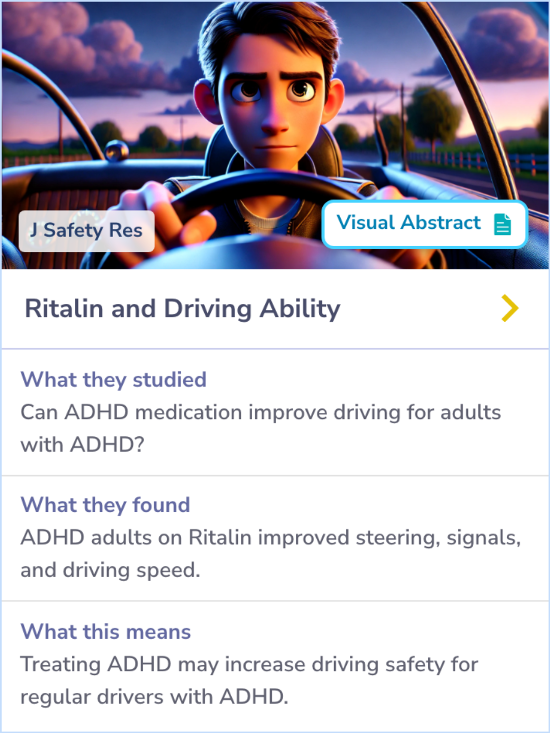 Summary Card illustrating a study where a virtual reality simulator showed improved driving skills in adults with ADHD when taking methylphenidate, highlighting better steering, turn signals, and speed control at higher doses.