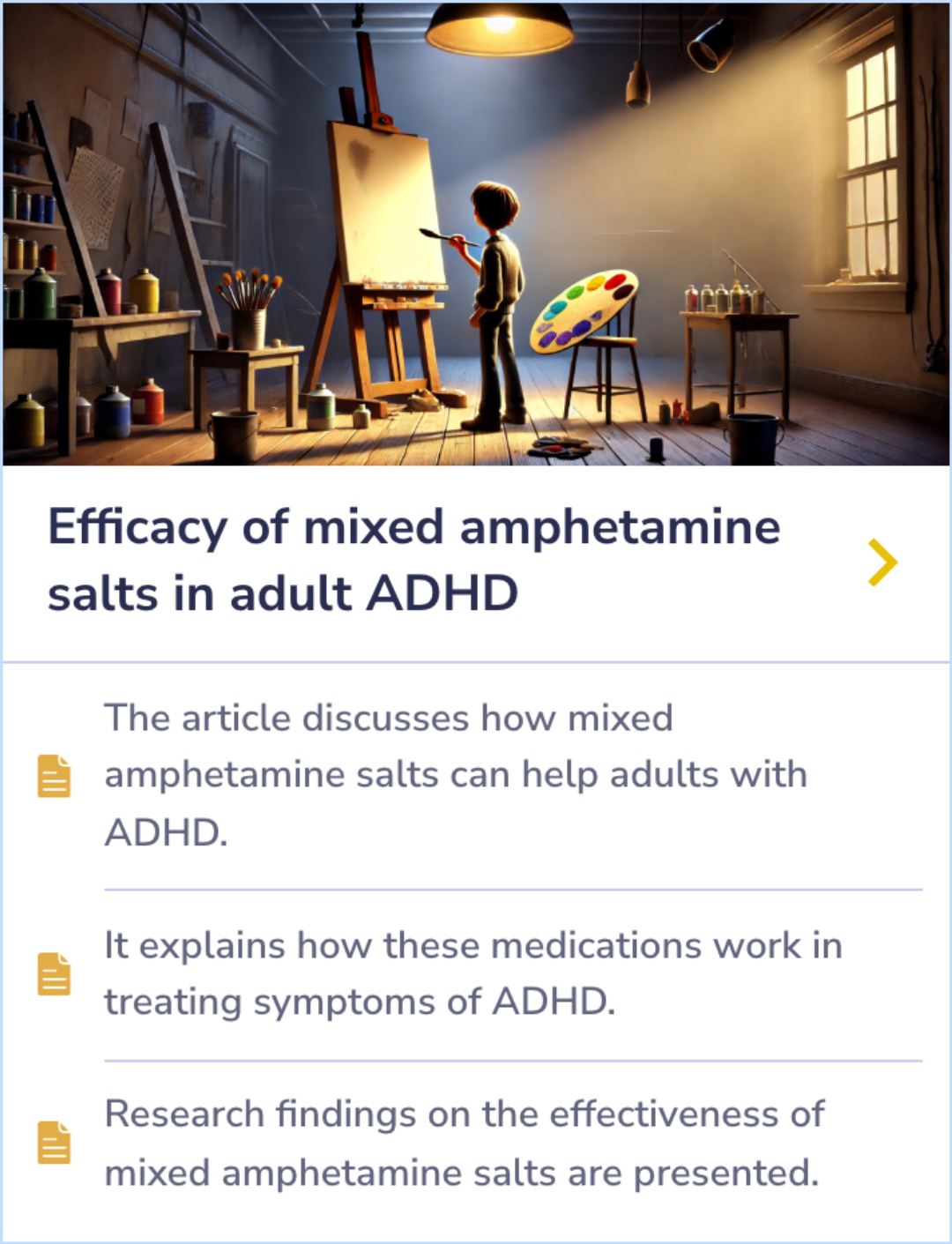 Summary Card detailing the comparison of Adderall dosages in treating ADHD, highlighting observational criteria and careful dosage structuring.