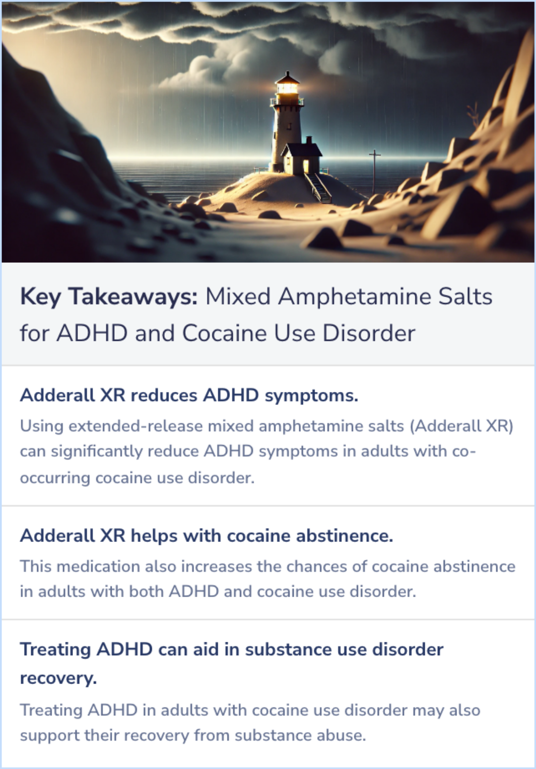 Key Takeaways for Extended-Release Mixed Amphetamine Salts vs Placebo for Comorbid Adult Attention-Deficit/Hyperactivity Disorder and Cocaine Use Disorder: A Randomized Clinical Trial