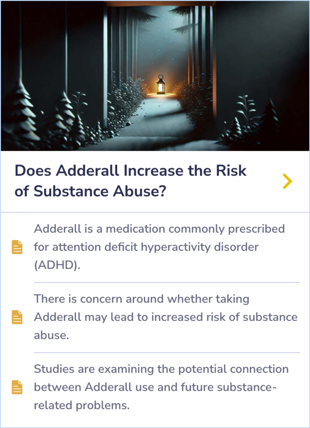 Summary Card exploring Adderall's potential connection to substance abuse risks, highlighting studies on ADHD medication and future substance use issues.