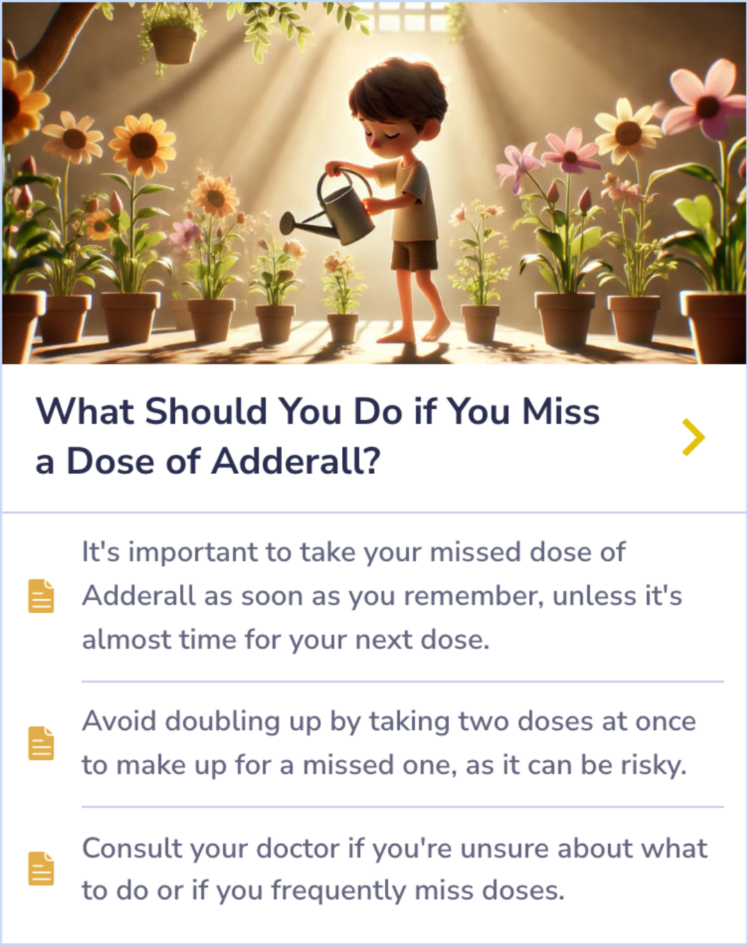 This Summary Card outlines secure storage guidelines for Adderall, stressing the need for careful handling to prevent misuse or unauthorized access.