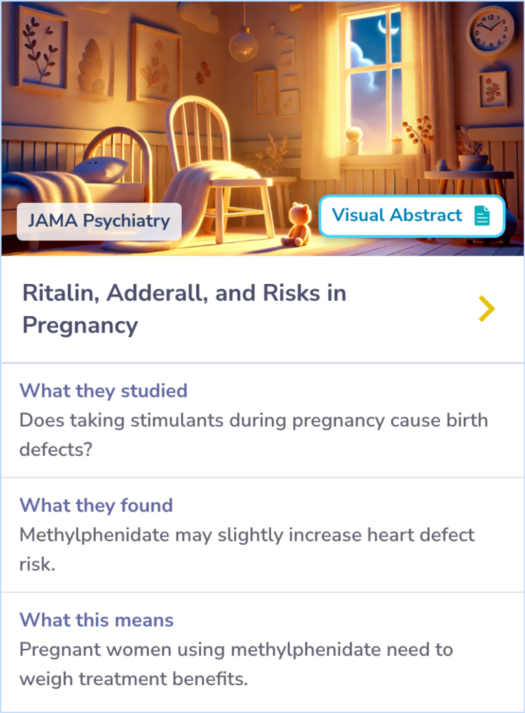 Summary card showing a study that examines the risk of congenital cardiac malformations associated with stimulant use during pregnancy. Focused on methylphenidate and amphetamines exposure, contrasting their impacts.