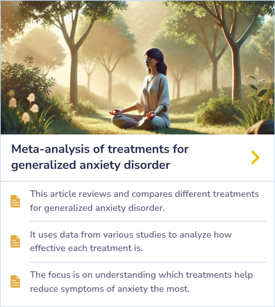 Summary Card comparing the effectiveness of treatments for generalized anxiety disorder, focusing on symptom reduction strategies.