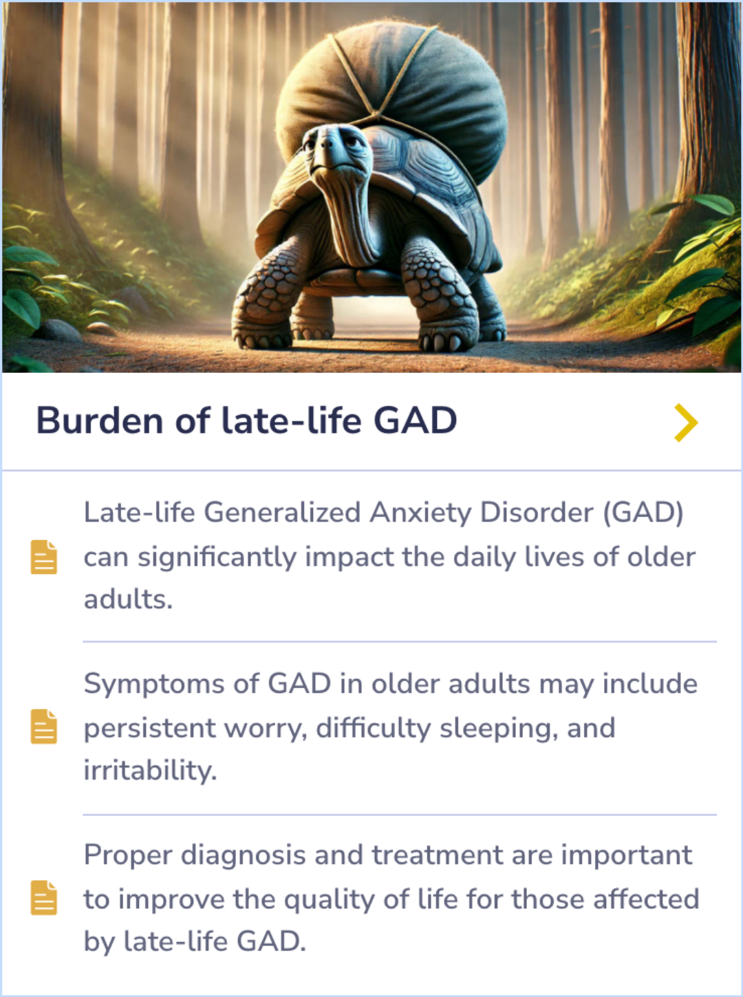 Summary Card discussing the impact of Generalized Anxiety Disorder on older adults, highlighting severe worry, sleep issues, and the importance of diagnosis and treatment.