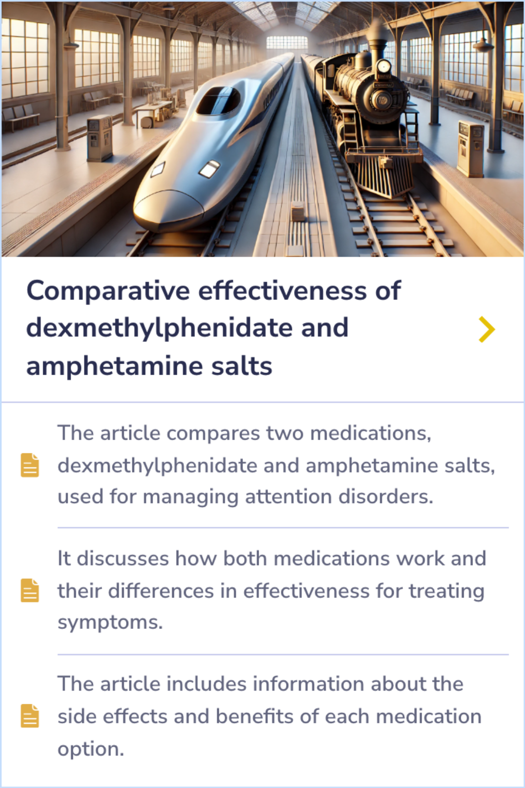 Summary card comparing dexmethylphenidate and amphetamine salts, focusing on their effectiveness, benefits, and side effects in managing attention disorders.