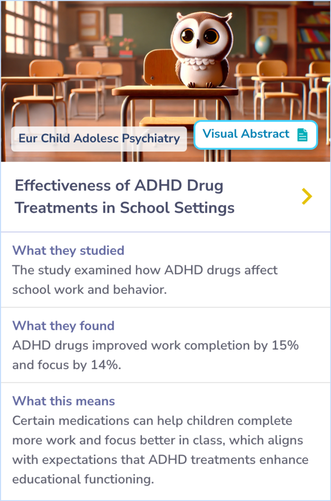 Summary Card discussing the impact of ADHD medications like methylphenidate and dexamfetamine on children’s classroom behavior and academic performance, comparing their effectiveness.