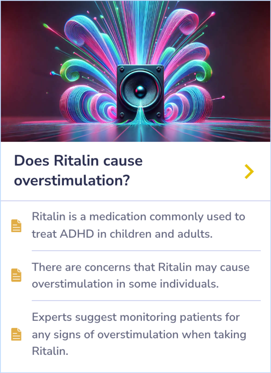 Summary Card on monitoring Ritalin for potential overstimulation risks and effects during ADHD treatment.