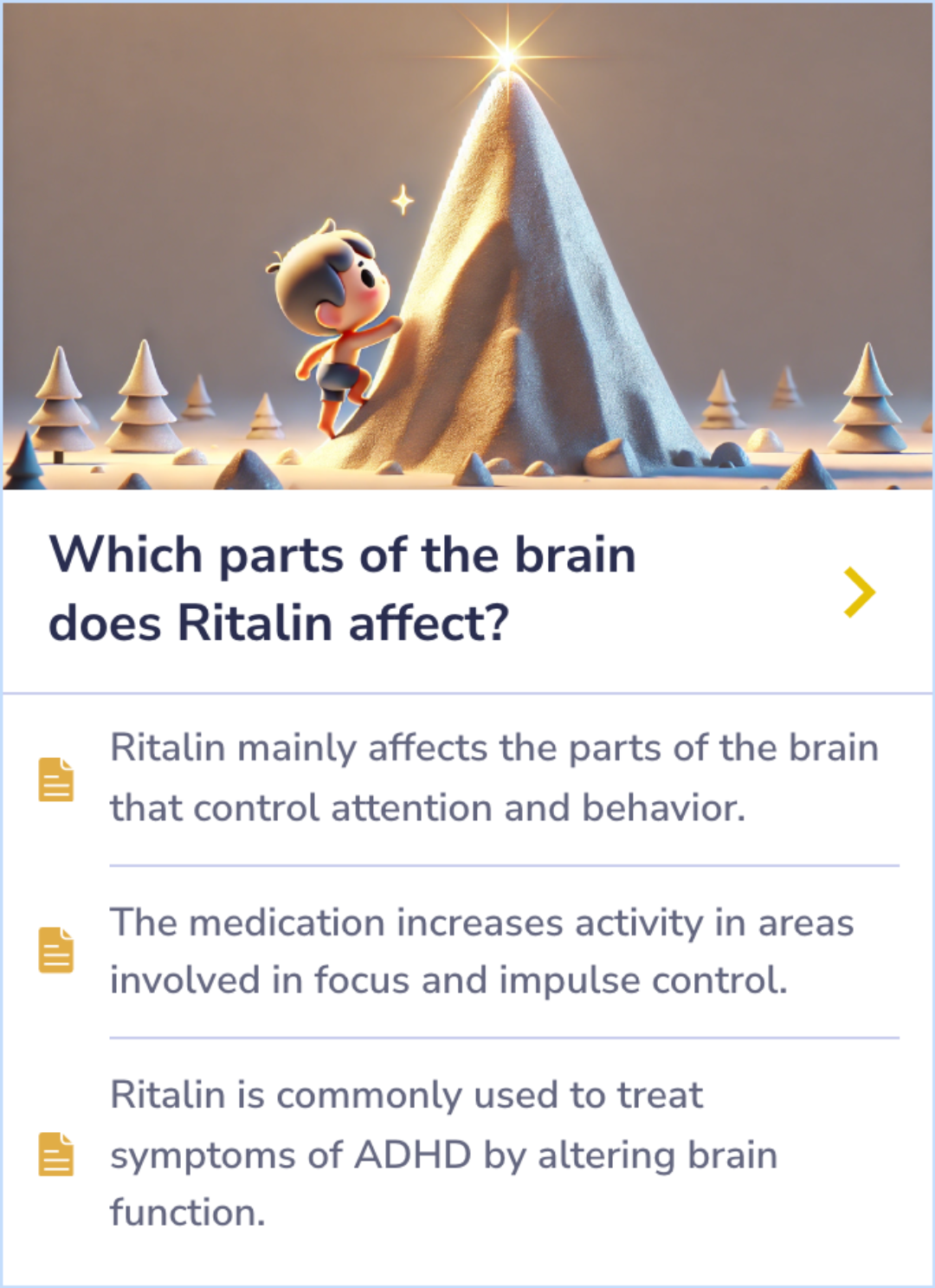 Summary Card showing how Ritalin affects brain areas tied to attention and behavior, increasing activity to improve focus and control in ADHD patients.