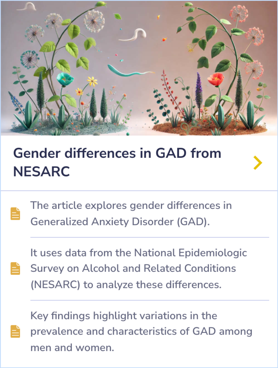 A summary card comparing gender differences in Generalized Anxiety Disorder (GAD), based on data from the NESARC survey. The card highlights how GAD prevalence and symptoms vary between men and women.