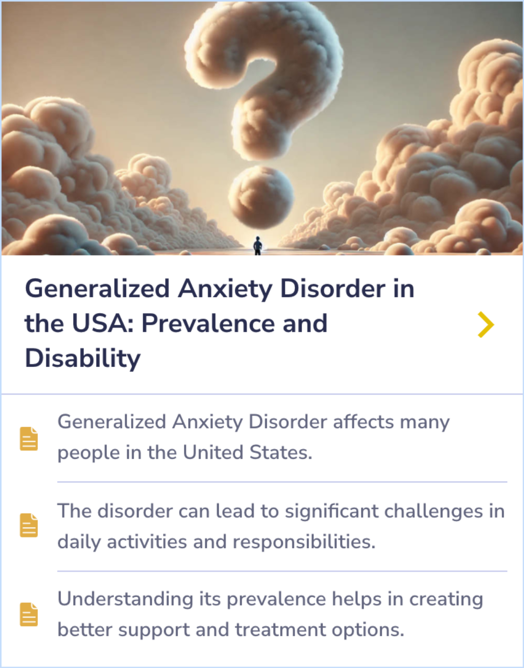 Summary Card on the impact and prevalence of Generalized Anxiety Disorder in the U.S., detailing its effect on daily tasks and responsibilities.