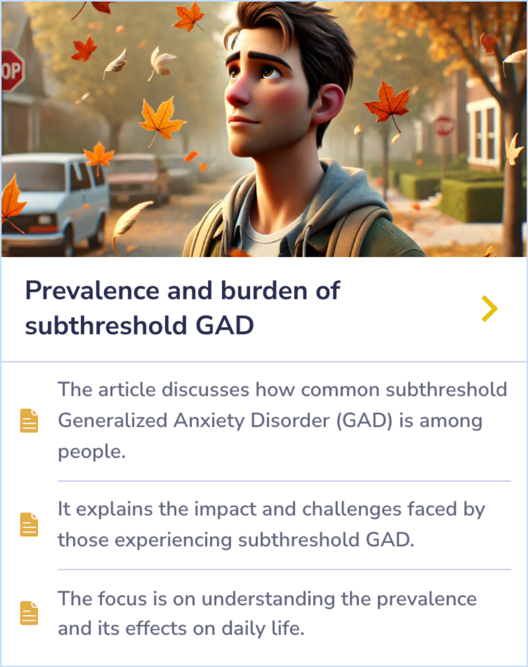 Summary Card discussing the prevalence and everyday impact of subthreshold Generalized Anxiety Disorder (GAD).