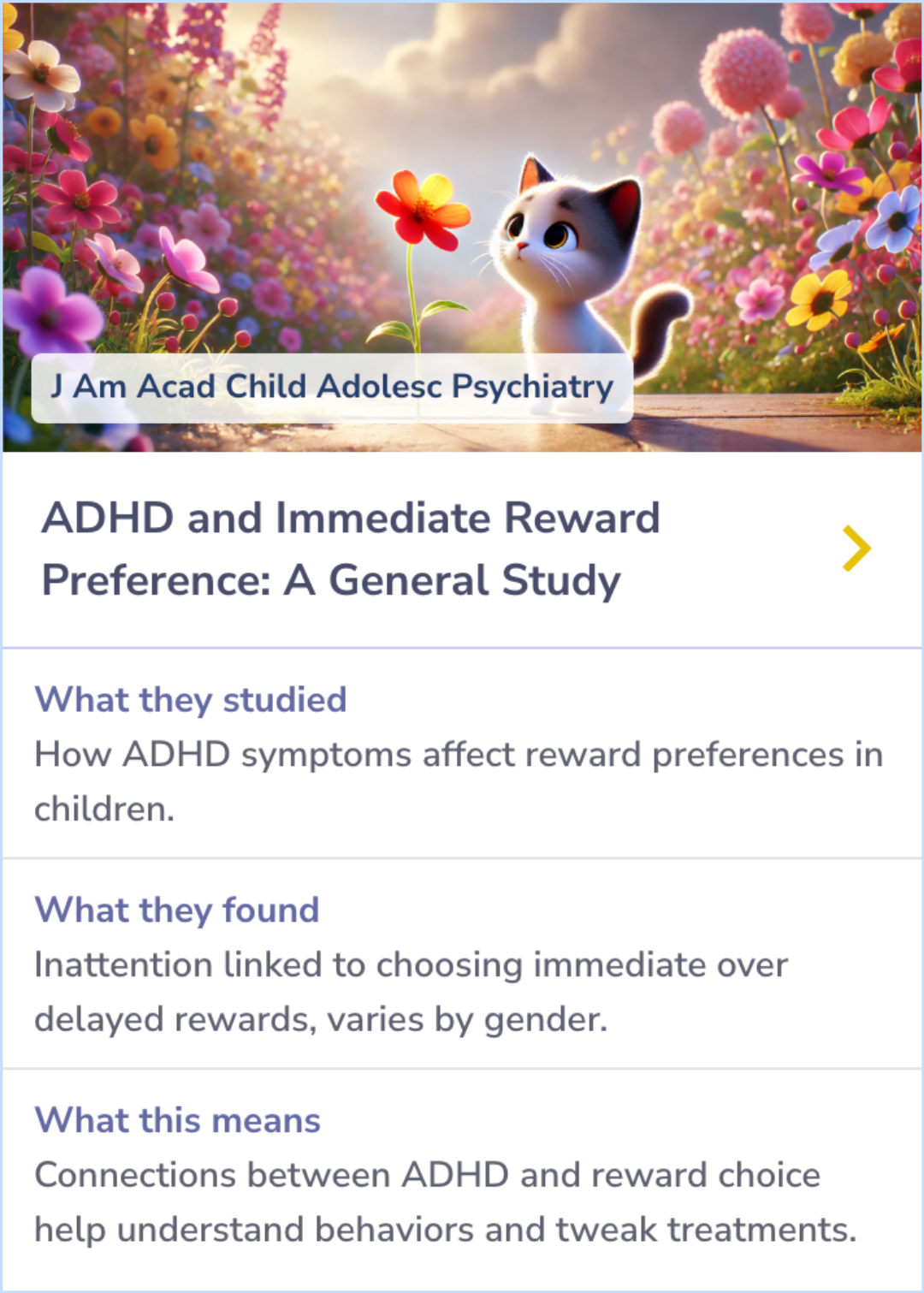 Summary Card exploring how delay aversion connects to ADHD symptoms and choice impulsivity.