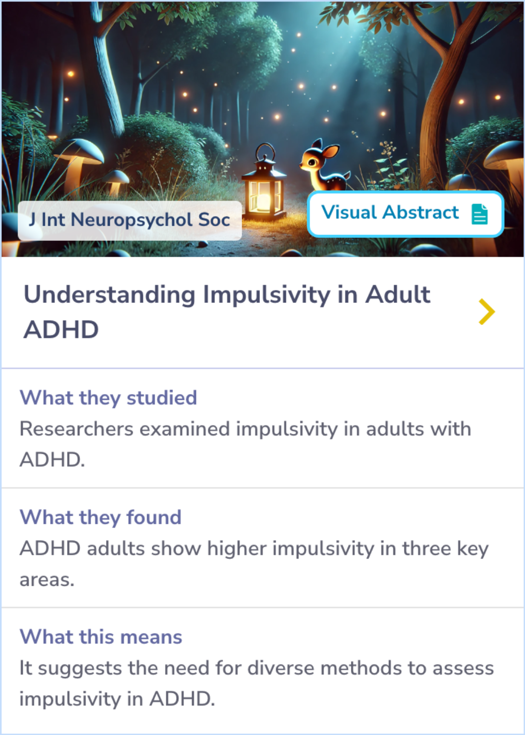 Summary Card on impulsivity in adults with ADHD, highlighting a study comparing ADHD individuals with controls using cognitive tasks.