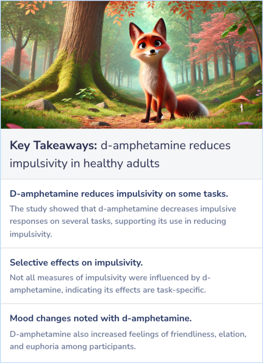 Key Takeaways for Acute administration of d-amphetamine decreases impulsivity in healthy volunteers