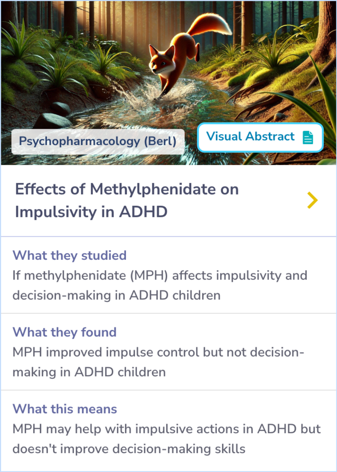 A summary card explaining how methylphenidate affects various forms of impulsivity and decision-making in children with ADHD, contrasting their performance with healthy peers.