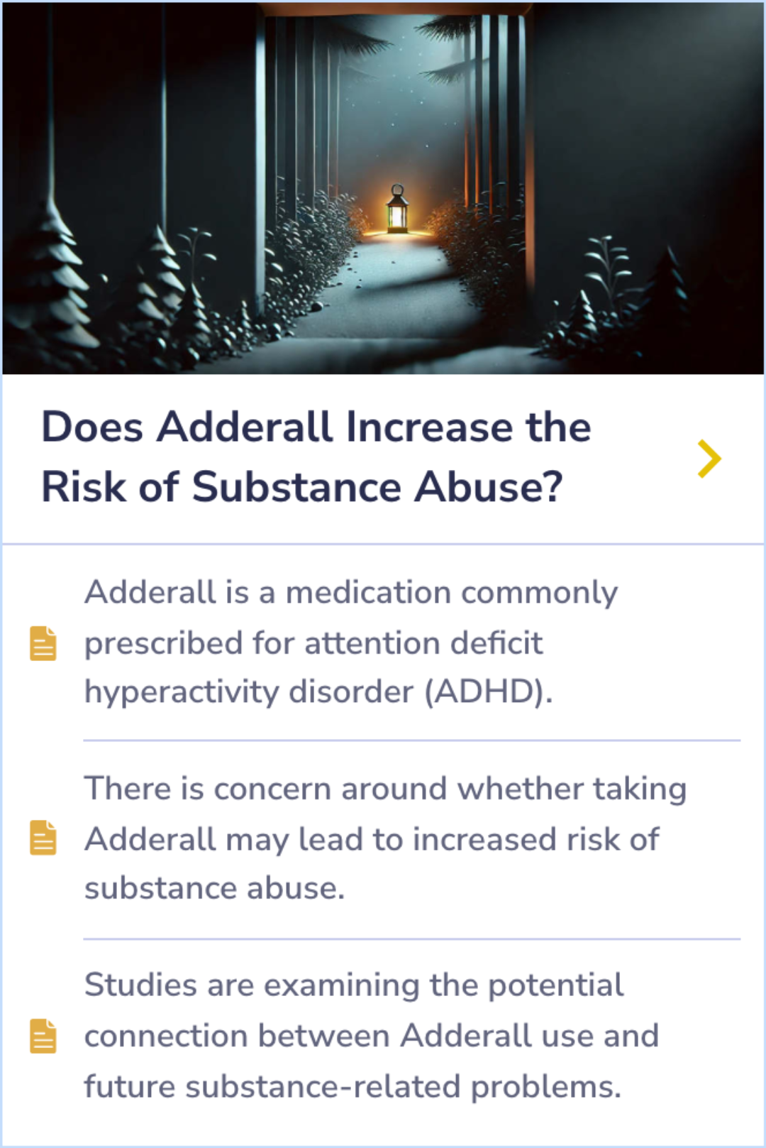 Summary Card exploring Adderall's potential connection to substance abuse risks, highlighting studies on ADHD medication and future substance use issues.