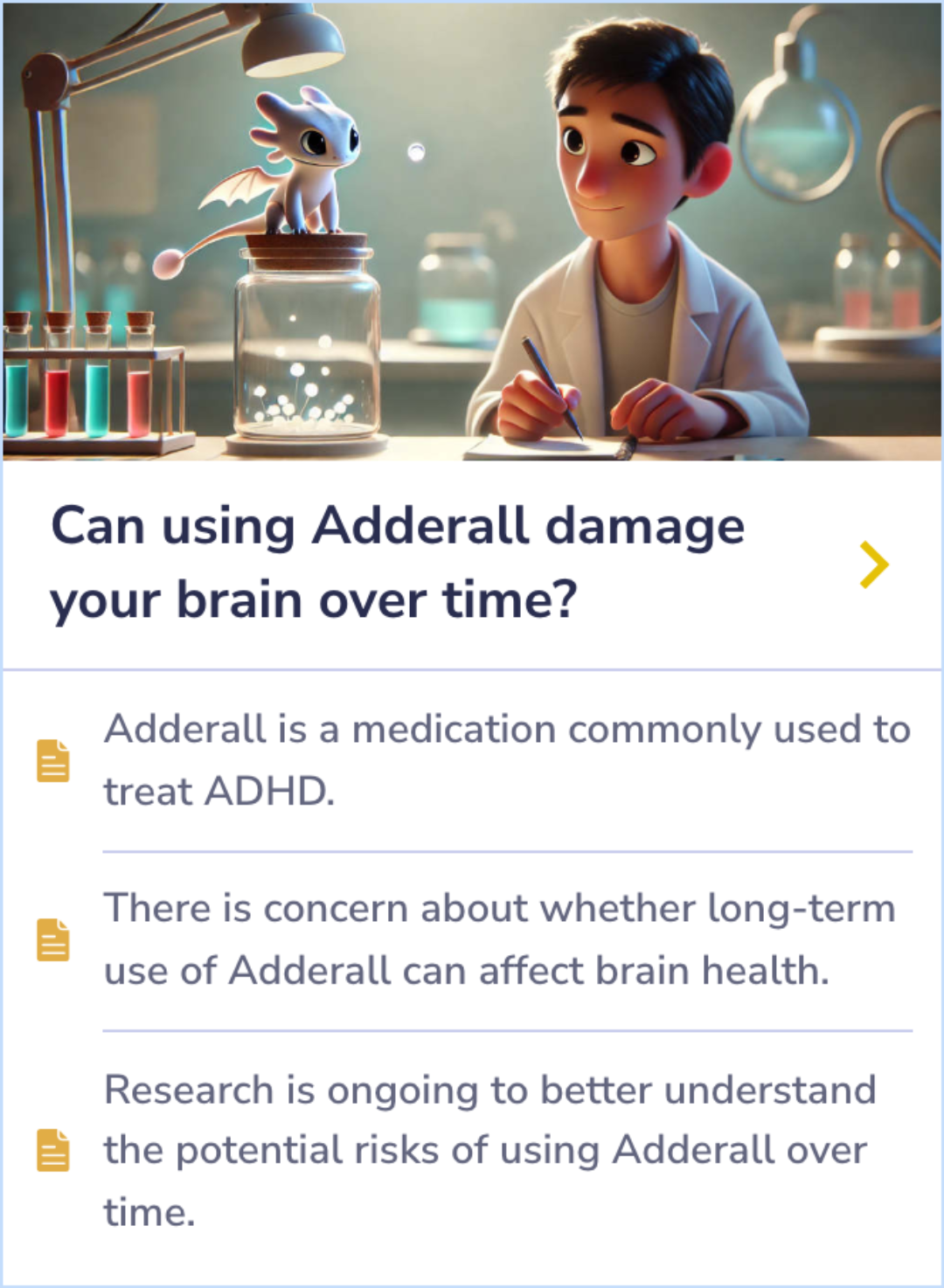 Summary Card exploring potential risks of long-term Adderall use for brain health.