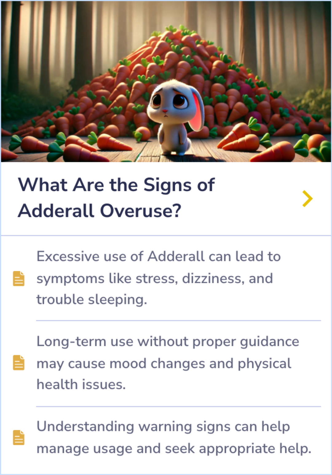 Summary Card detailing symptoms of Adderall overuse, which include sleep difficulties, anxiety, and physical discomfort, and their impact on health management.