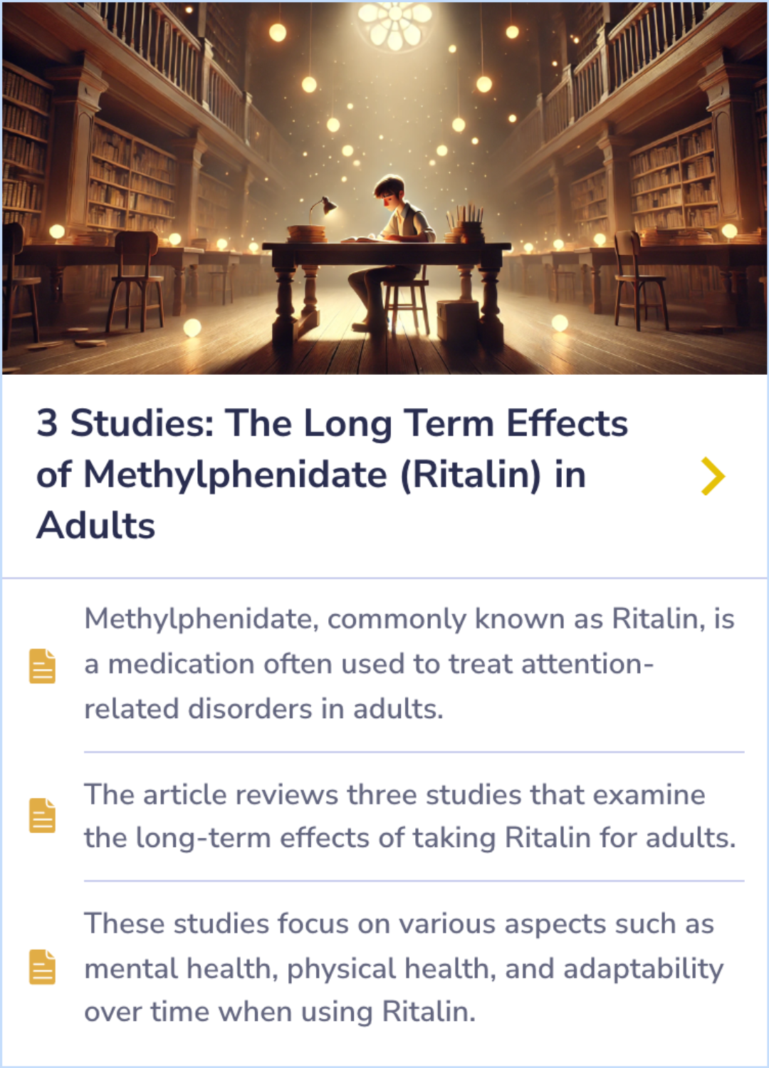 Summary Card detailing the long-term effects of Ritalin on mental and physical health in adults, highlighting adaptability to treatment.