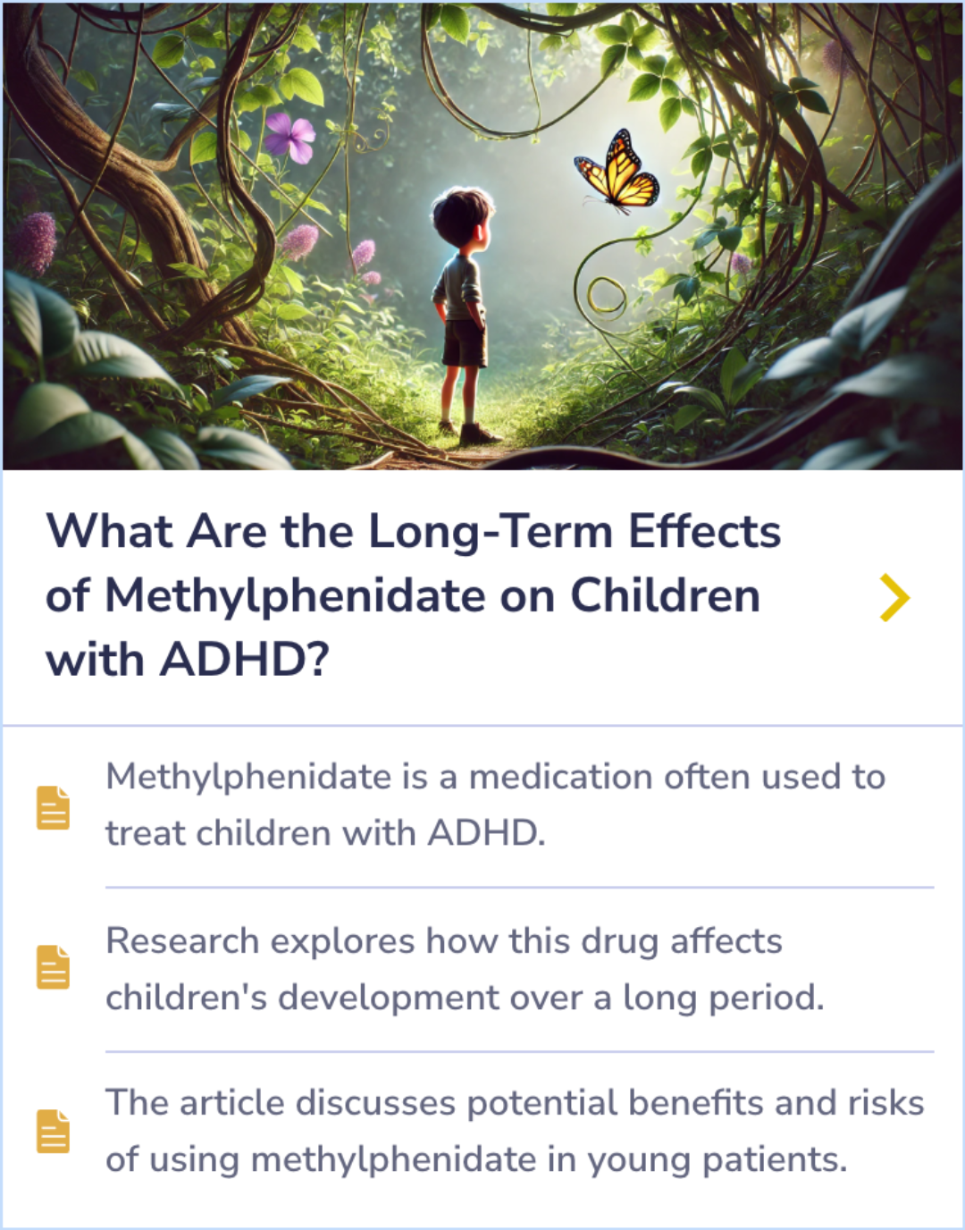 Summary Card discussing methylphenidate's effectiveness in treating ADHD and its potential cardiovascular risks such as increased heart rate and blood pressure, with emphasis on monitoring in patients with preexisting conditions.