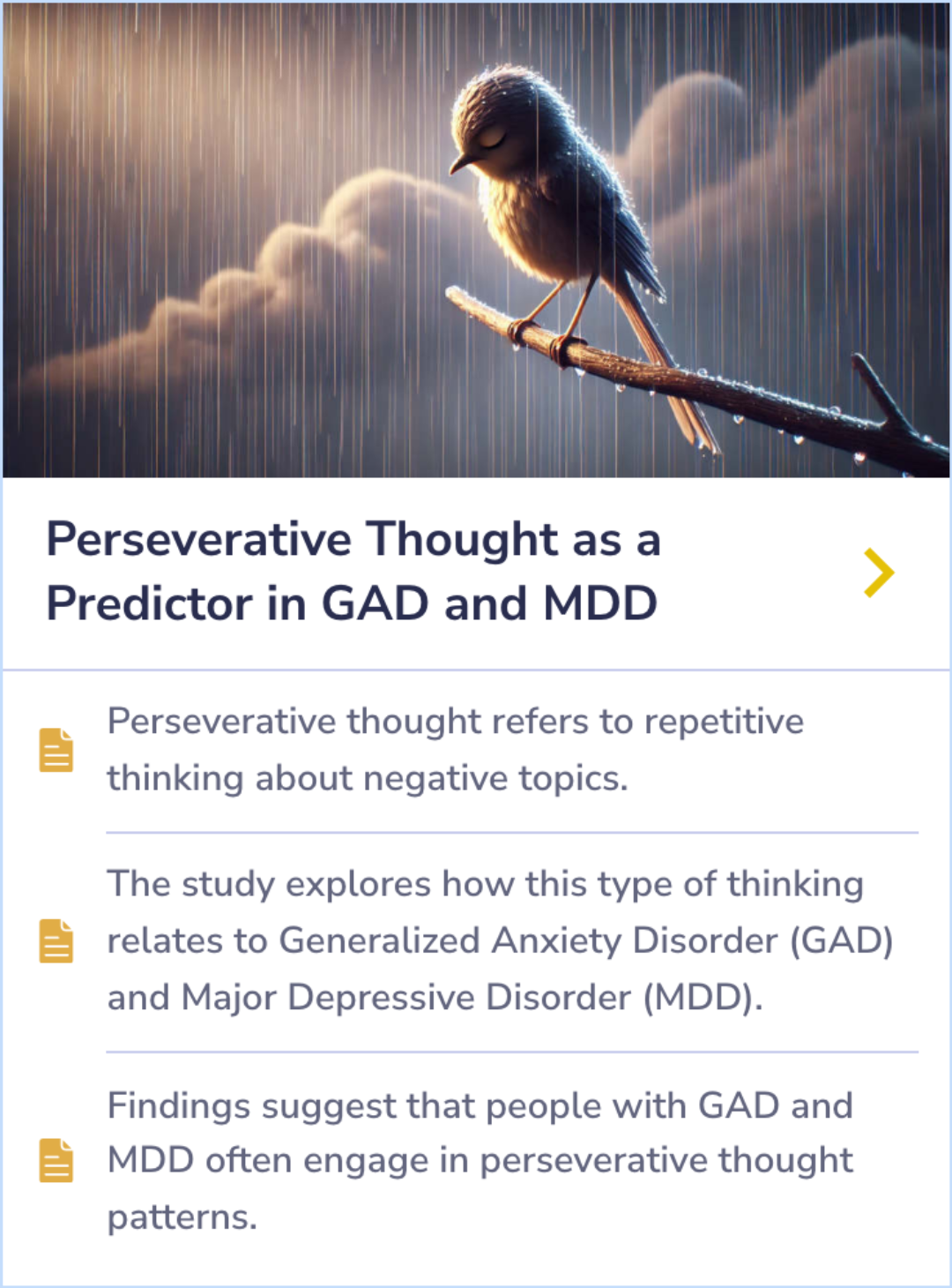 A summary card explaining the relationship between repetitive negative thinking and disorders like GAD and MDD. It focuses on how this type of thinking affects individuals with anxiety and depression.