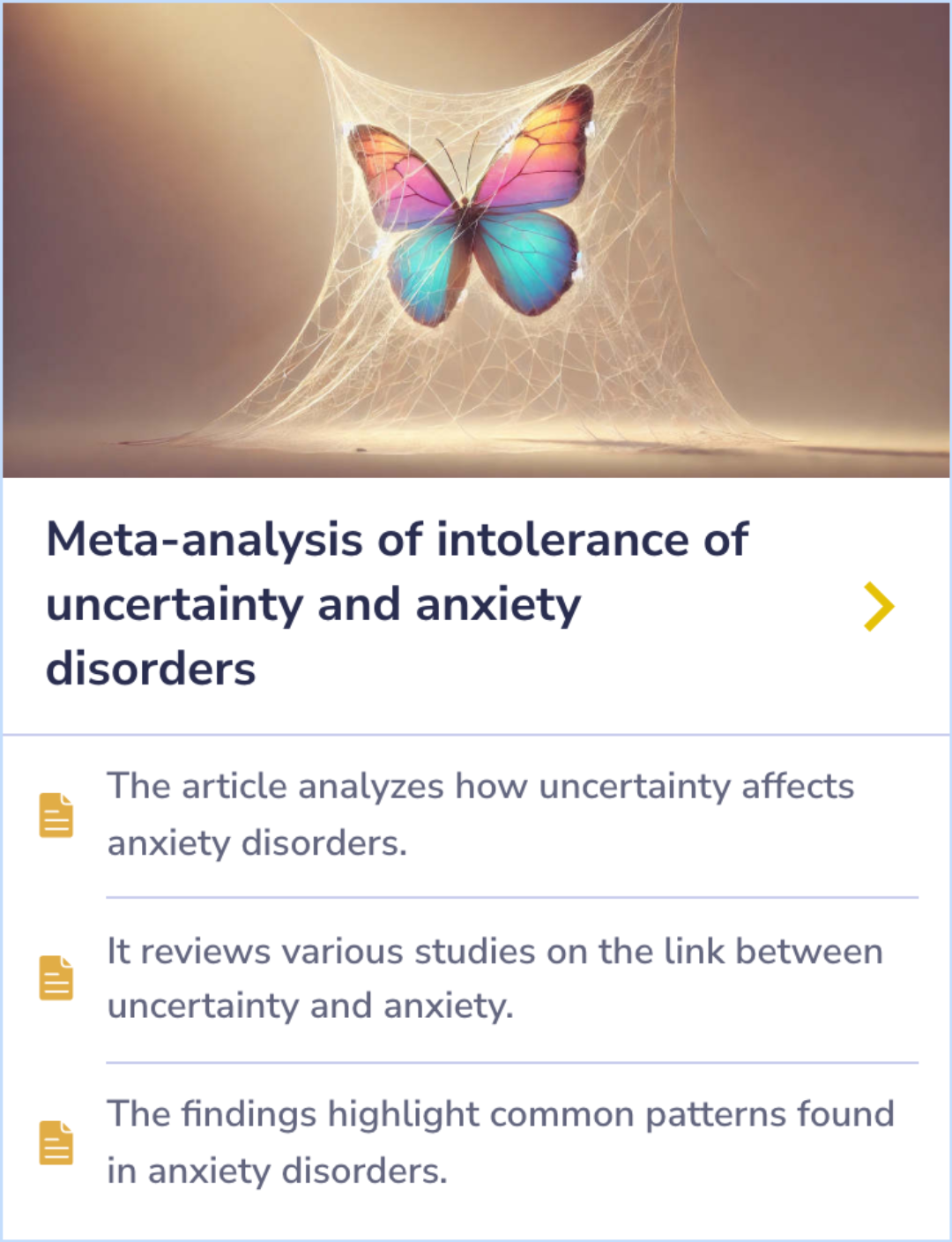 Summary Card exploring the connection between uncertainty and anxiety disorders based on a review of studies.