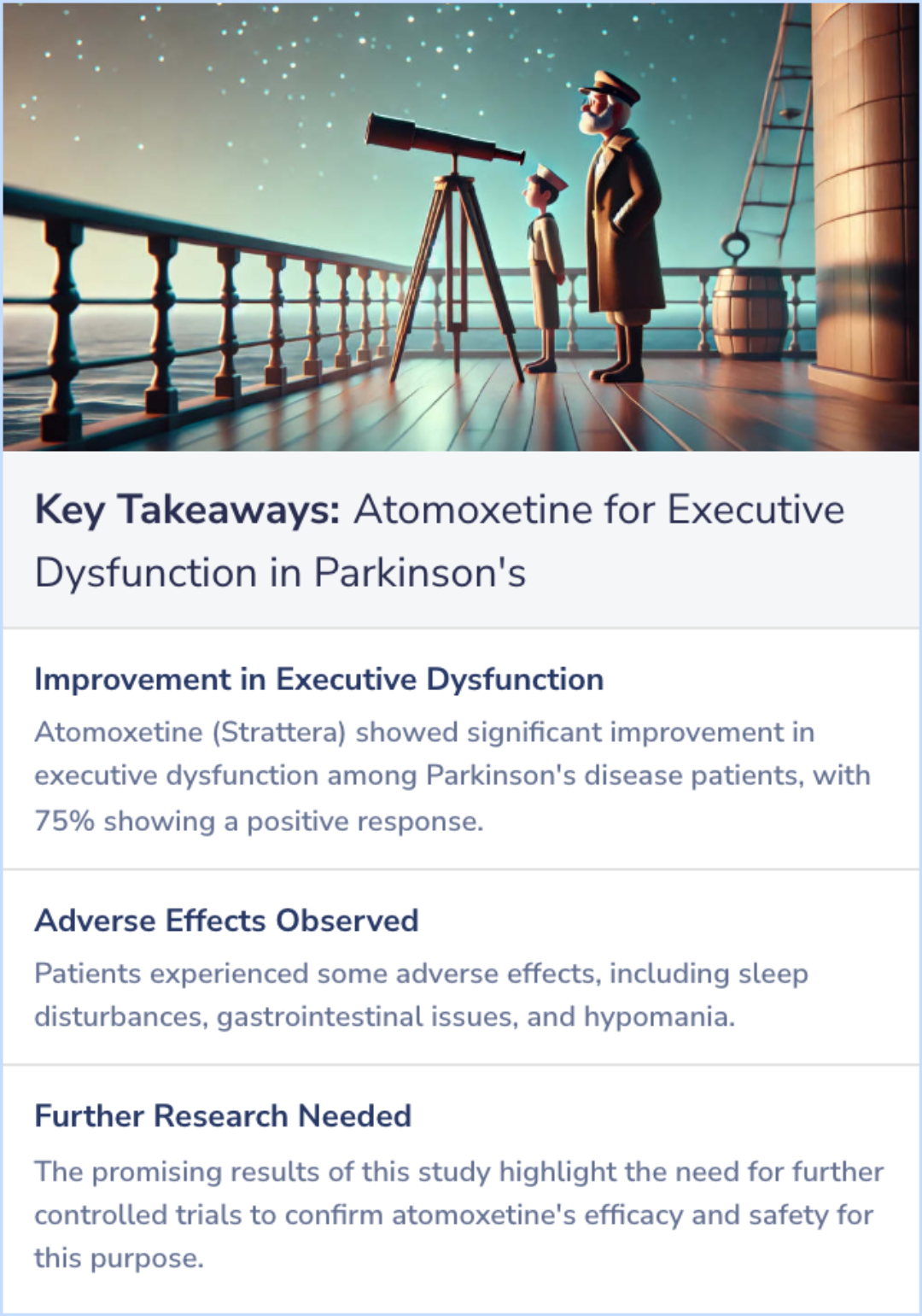 Key Takeaways for Atomoxetine for the treatment of executive dysfunction in Parkinson's disease: a pilot open-label study