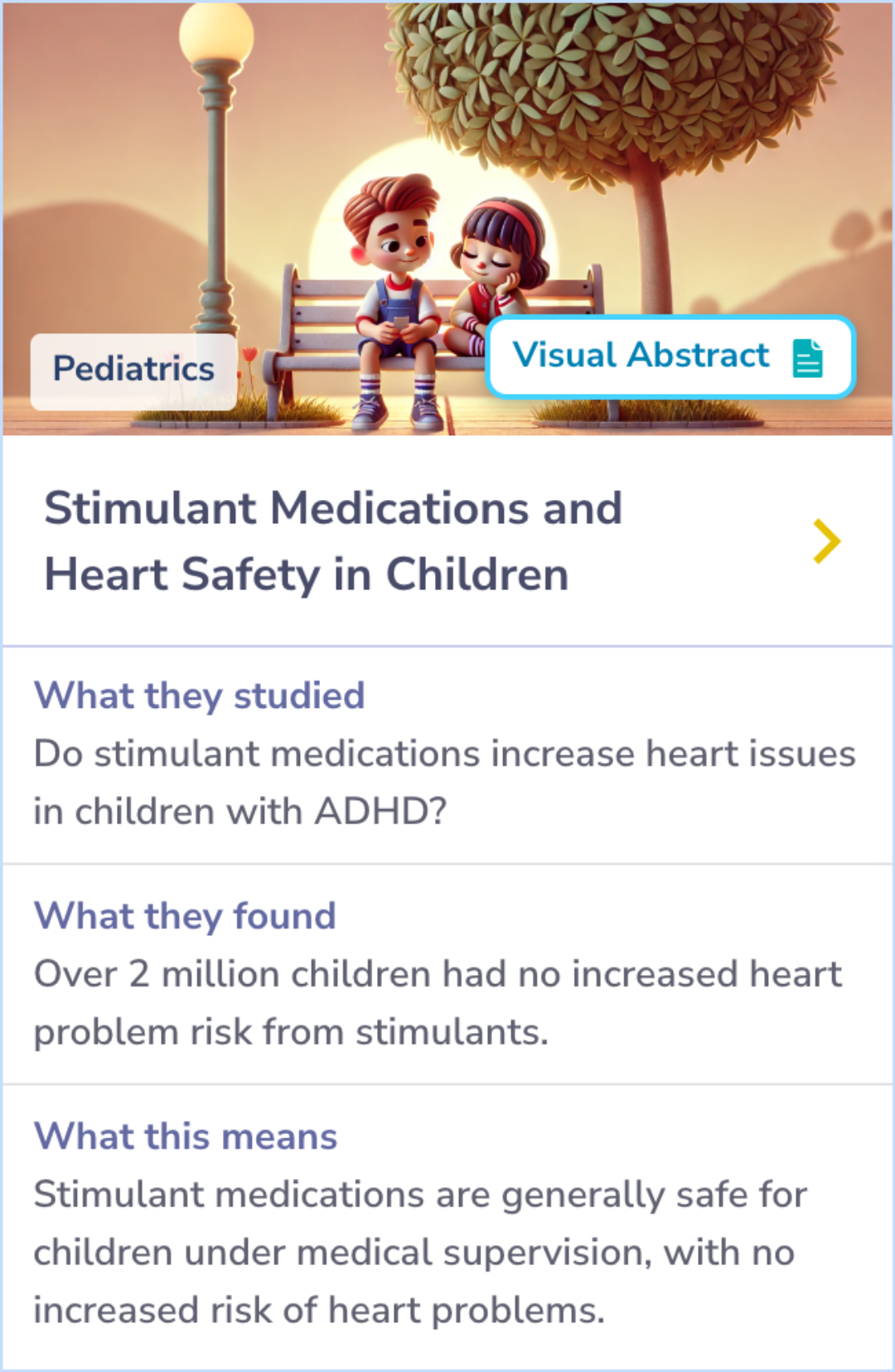 Summary Card comparing cardiac risks for children and adolescents using methylphenidate or amphetamine salts based on Florida Medicaid data, revealing similar risk levels for emergency heart-related visits.