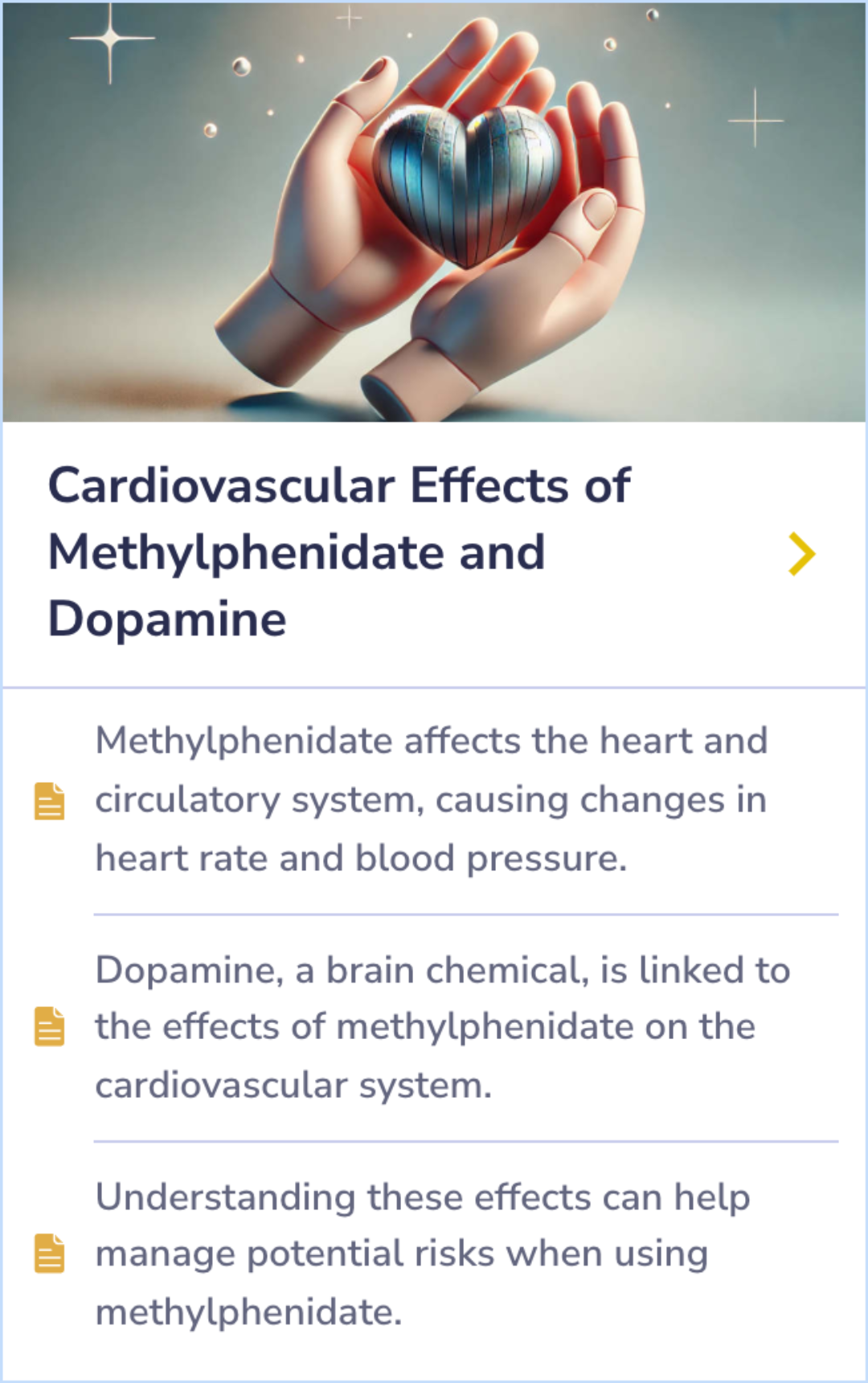 A summary card detailing how methylphenidate affects heart rate and blood pressure, emphasizing the role of dopamine and the importance of monitoring cardiovascular health.