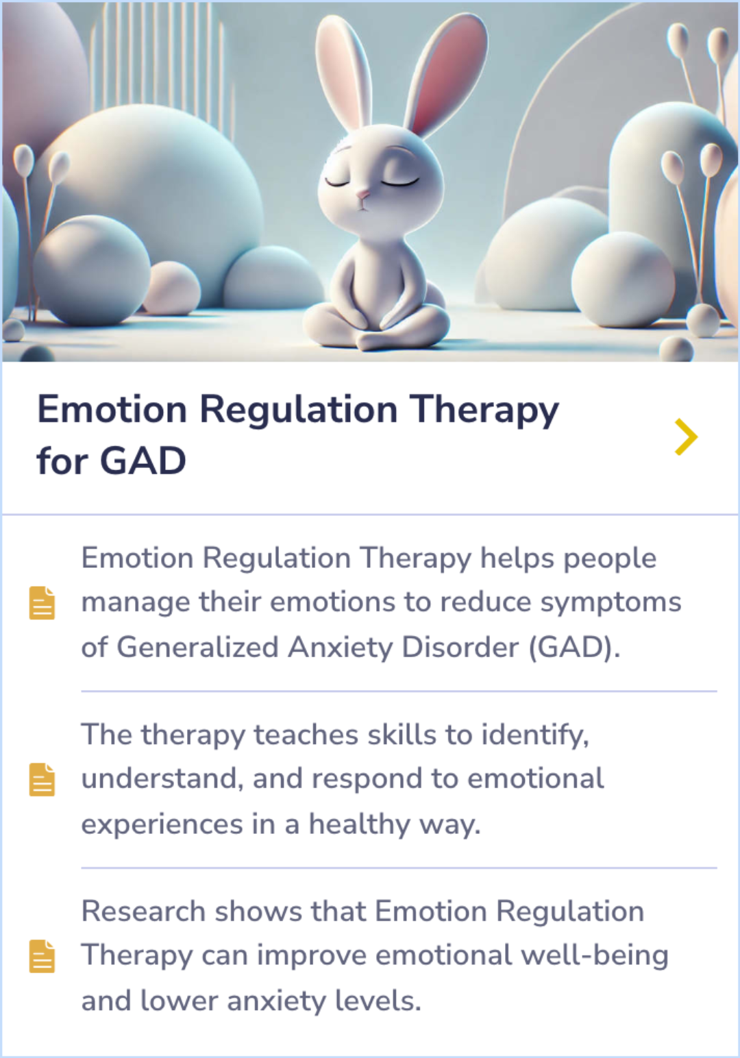 A summary card describing Emotion Regulation Therapy's benefits in managing emotions and reducing anxiety symptoms, with research-backed evidence on its effectiveness.