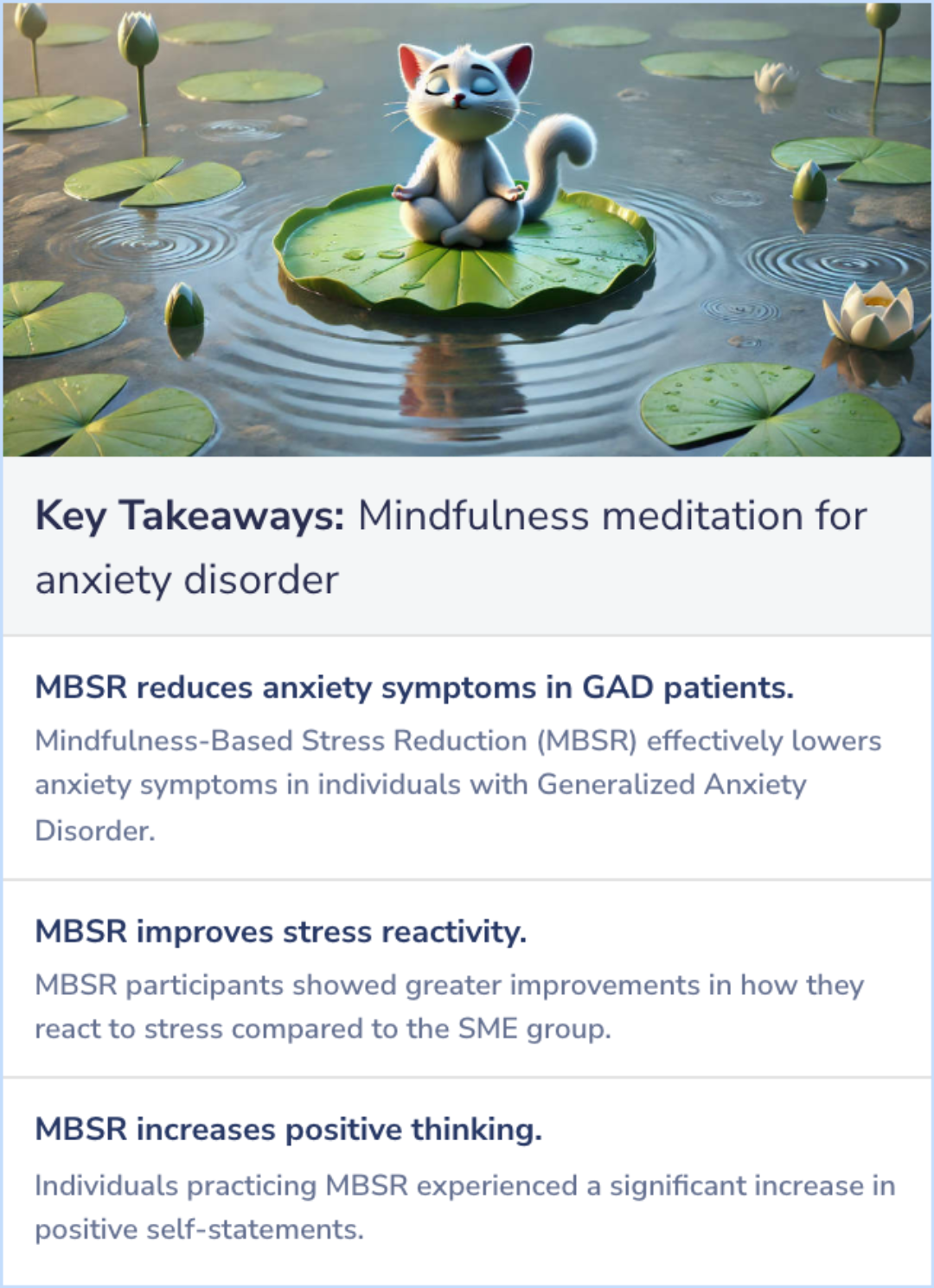 Key Takeaways for Randomized controlled trial of mindfulness meditation for generalized anxiety disorder: effects on anxiety and stress reactivity